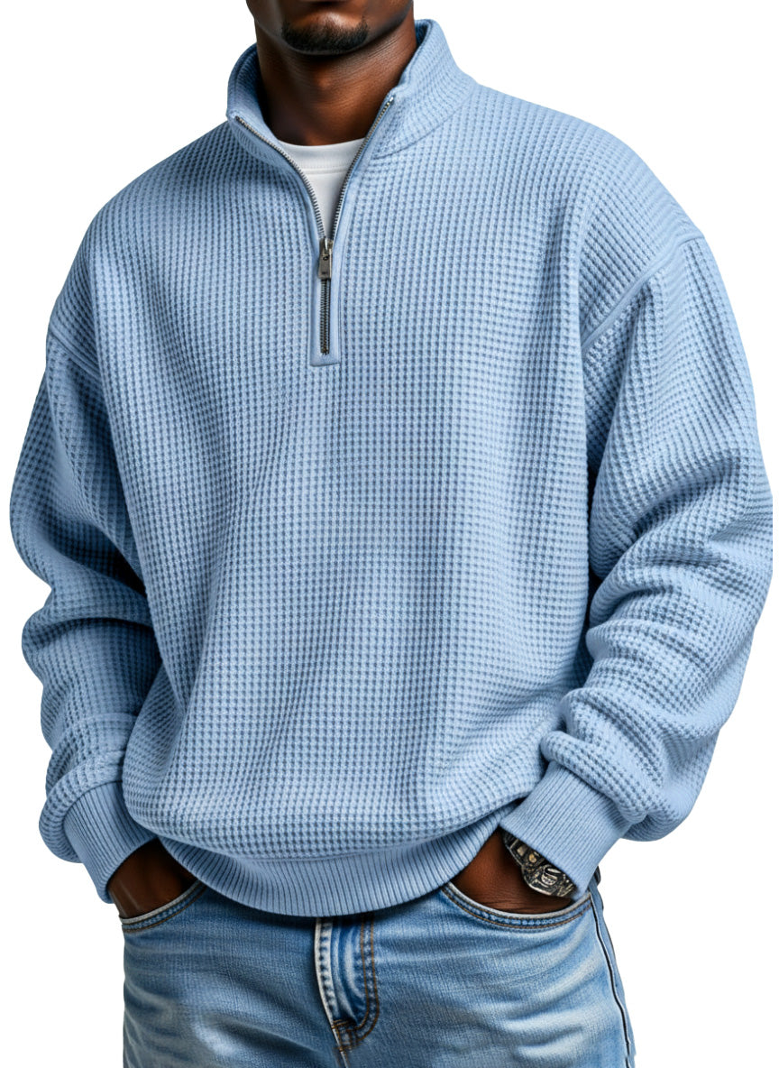 Men's Daily Loose And Simple Waffle Half-zip Stand Collar Long-sleeved Polo Shirt