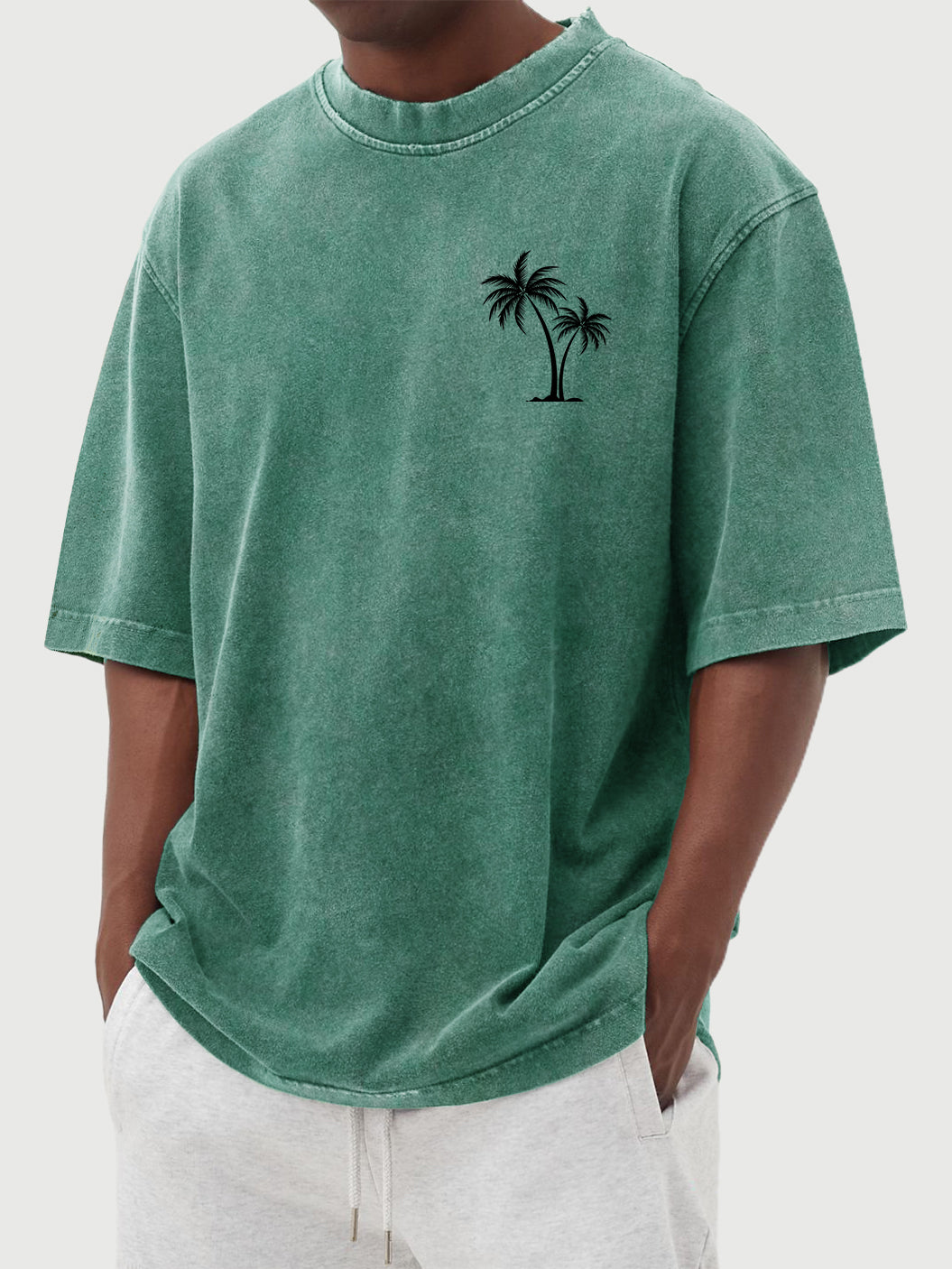 Men's Cotton Washed Distressed Palm Tree Print Short Sleeved Round Neck T-shirt