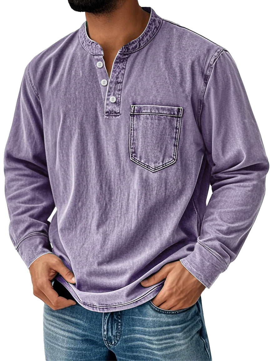 Men's Retro Stand Collar Pocket Casual Distressed Long Sleeve Henley Shirt